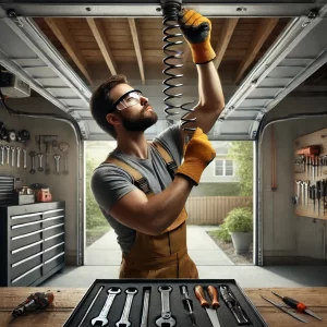 Garage repair technician in safety gear adjusting a torsion spring above a residential garage door, demonstrating professionalism and adherence to safety standards in a clean, well-organized garage setting.