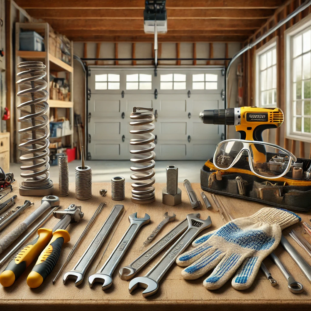 Neatly arranged garage door repair tools on a workbench, including winding bars, an adjustable wrench, a socket wrench, safety glasses, and gloves, in a clean and professional garage setting.